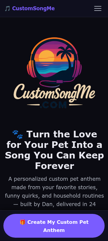The CustomSongMe pet-song page on a phone