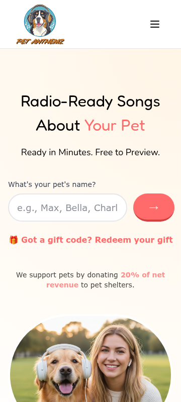 The Pet Anthemz homepage on a phone