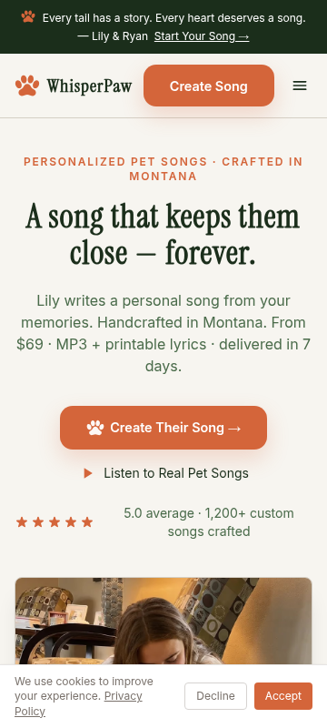 The WhisperPaw Songs homepage on a phone