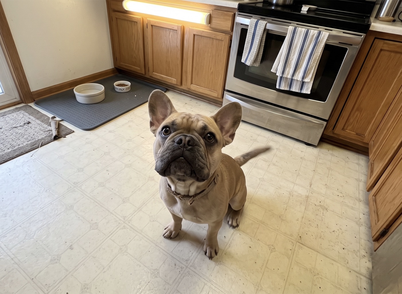 Fawn French bulldog looking up eagerly in a kitchen